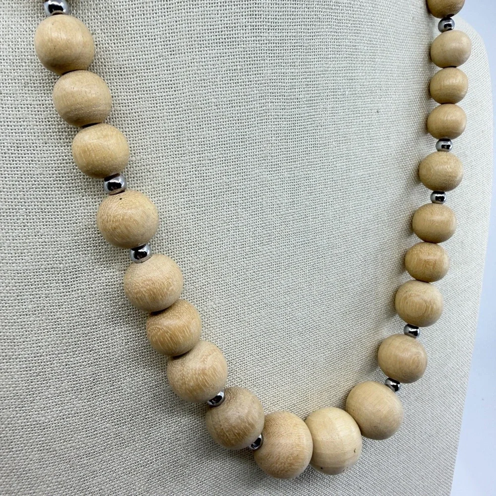 Natural Wood Bead Necklace Silver Tone Spacers Chunky Boho Statement Jewelry